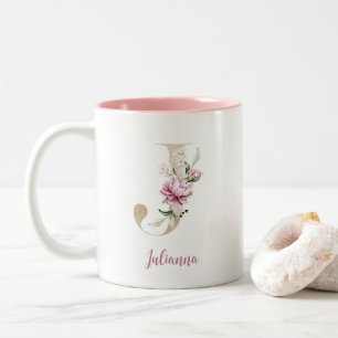 Tasse 2 Couleurs Lettre J en or, Monogramme J, Cadeau floral rose p