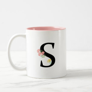 Tasse 2 Couleurs Lettre monogramme S fleurs d'aquarelle rose bouque