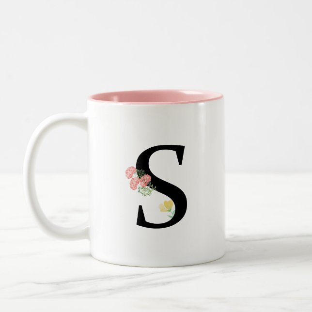Tasse 2 Couleurs Lettre monogramme S fleurs d'aquarelle rose bouque (Gauche)