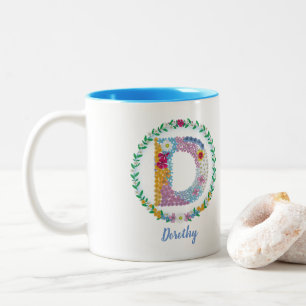 Tasse 2 Couleurs Lettres de fleurs Initiale "D" avec nom personnali