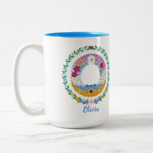 Tasse 2 Couleurs Lettres de fleurs "O" initiales avec nom personnal (Gauche)