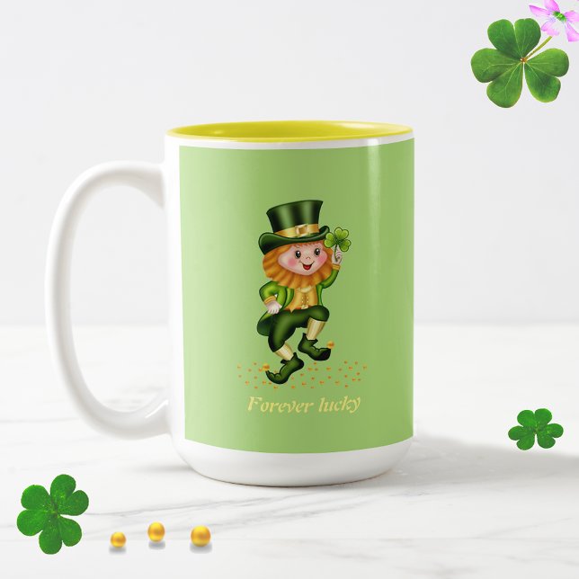 Tasse 2 Couleurs Lucky Green Gnome & Monogram sur Lime Green (Créateur téléchargé)