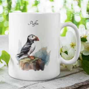 Tasse 2 Couleurs Macareux sur une Roche Aquarelle, personnalisable