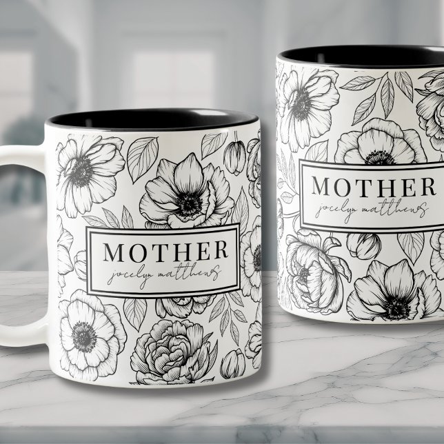 Tasse 2 Couleurs Maman Mère noire blanche florale (Modern Black White Floral Two-Tone Coffee Mug)