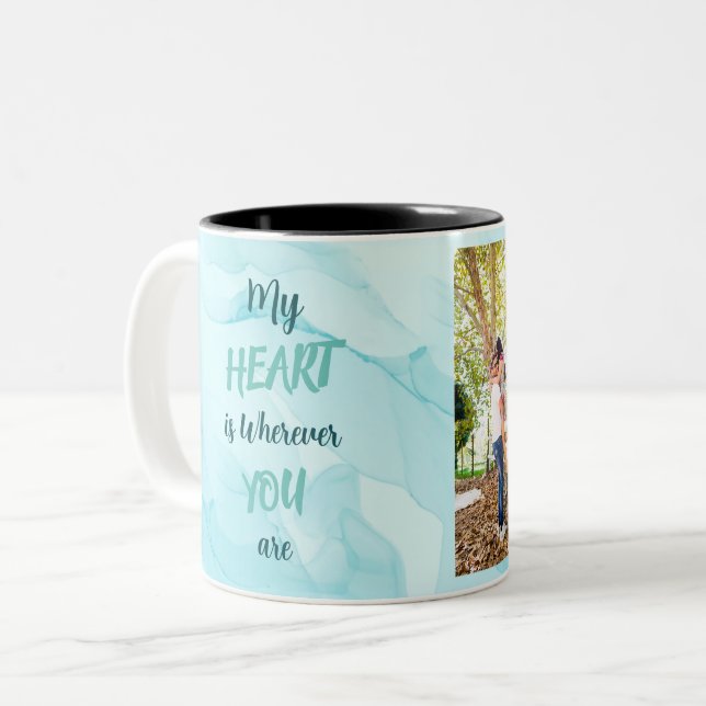 Tasse 2 Couleurs marbre turquoise personnalisées deux photos  (Devant gauche)