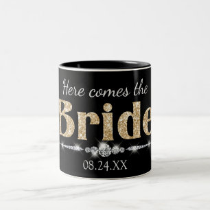 Tasse 2 Couleurs Mariée Paillettes Dorées et Diamants sur Fond Noir