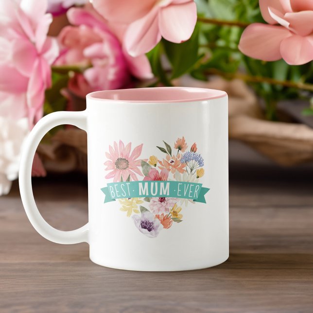 Tasse 2 Couleurs Meilleure maman jamais | Blooming Fleur sauvage He (Best Mum Ever | Blooming Wildflowers Heart Photo Two-Tone Coffee Mug)