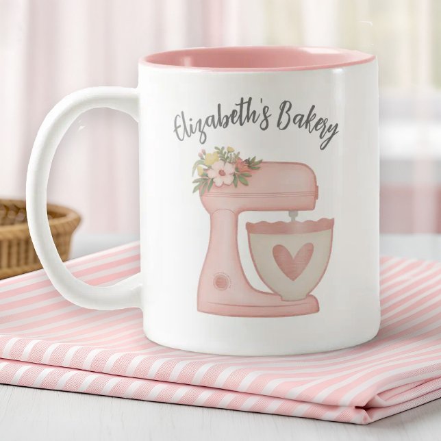 Tasse 2 Couleurs Mélangeur de boulangerie Cute Rose (A cute pink bakery mug decorated with a pink floral mixer. Personalize it with your business name)
