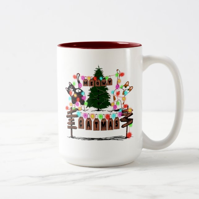 Tasse 2 Couleurs MERRY CATMAS, Beau cadeau de Noël de chat, Chat X- (Droit)