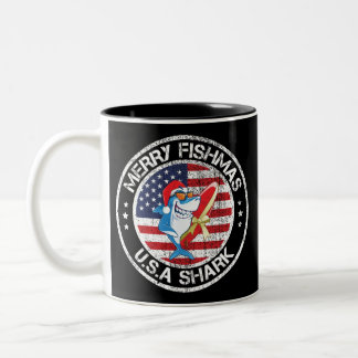 Tasse 2 Couleurs Merry Fishmas USA Drapeau Grand requin blanc