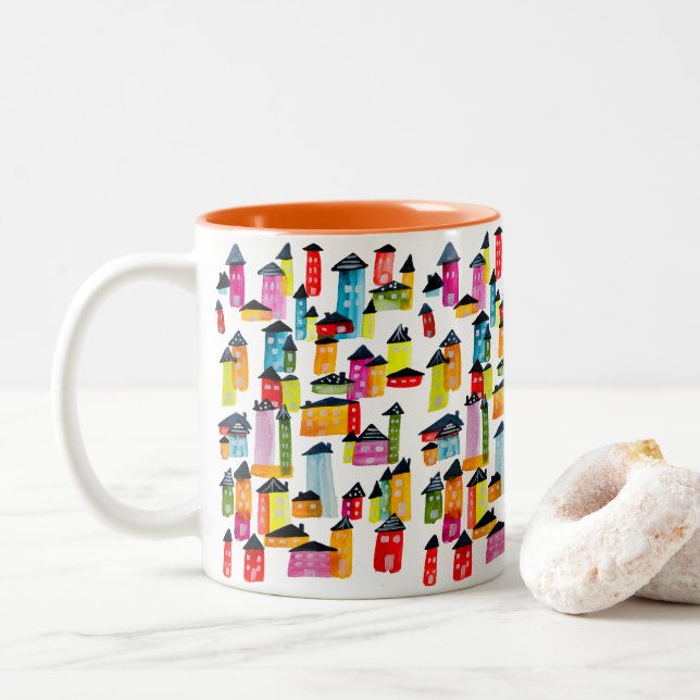 Tasse 2 Couleurs Mignonnes maisons d'aquarelle blanc (Avec donut)