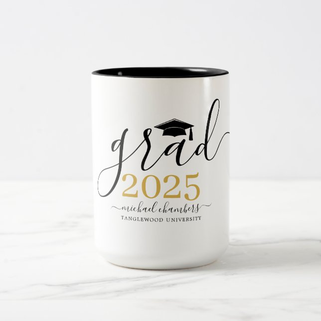 Tasse 2 Couleurs Moderne Script Gold Black Graduation personnalisée (Centre)
