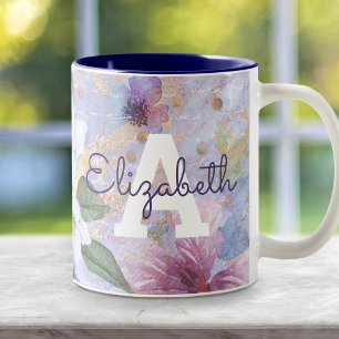 Tasse 2 Couleurs Monogramme bleu violet floral aquarelle vintage