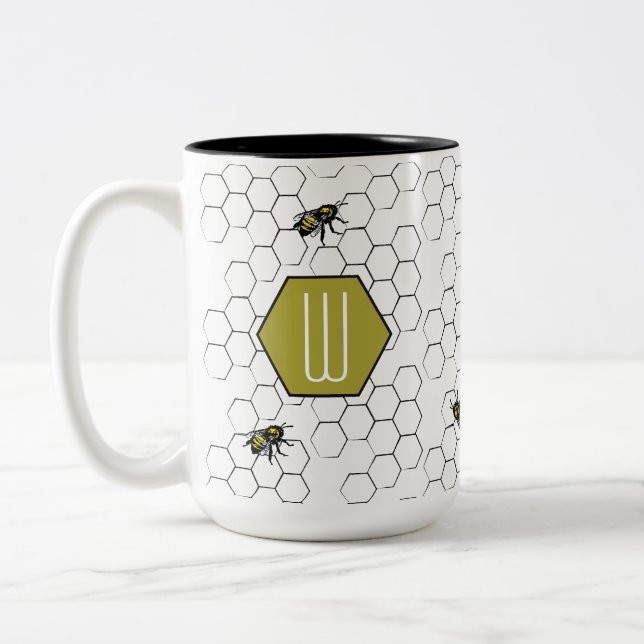 Tasse 2 Couleurs Monogramme d'abeille et de nid d'abeilles | (Gauche)