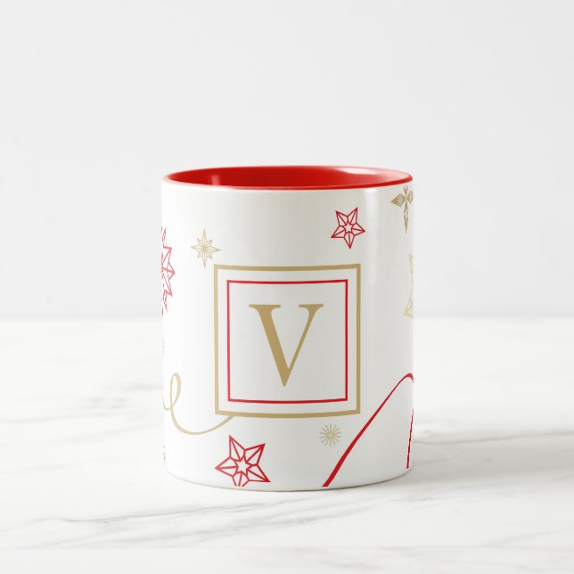 Tasse 2 Couleurs Monogramme de flocons d'or rouge fantaisie (Centre)