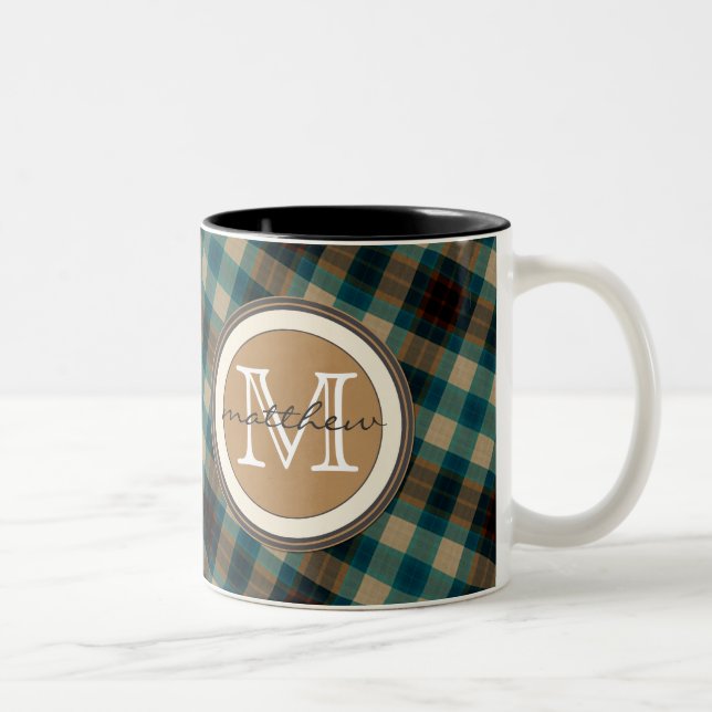 Tasse 2 Couleurs Monogramme de plaid de brun bleu (Droit)