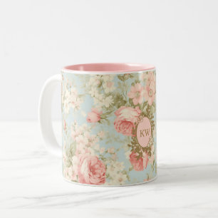 Tasse 2 Couleurs Monogramme Floral de Roses Roses Fuschées de Style