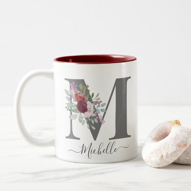 Tasse 2 Couleurs monogramme Floral Nom initial (Avec donut)
