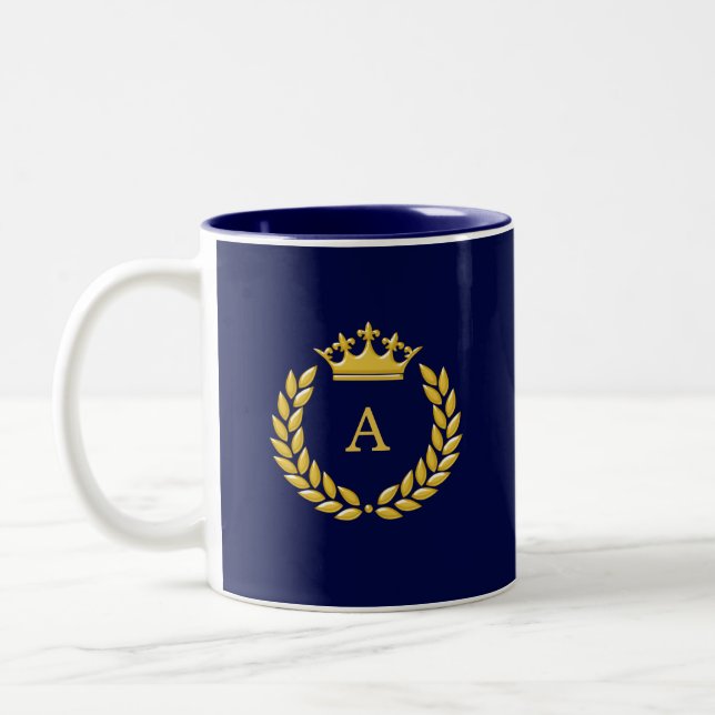 Tasse 2 Couleurs Monogramme & Golden Crown & Laurel sur Navy Blue (Gauche)