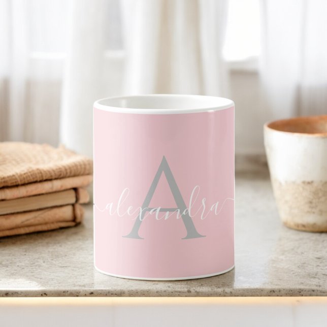 Tasse 2 Couleurs Monogramme Initial Nom Élégant Script Rose Blanc (Créateur téléchargé)