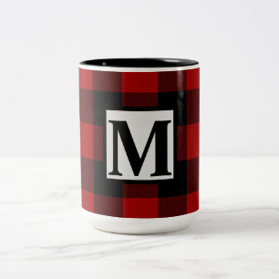 Tasse 2 Couleurs Monogramme Initiale sur Plaid Buffle Rouge et Noir