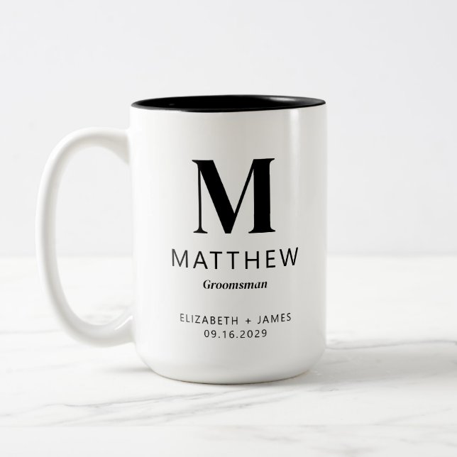 Tasse 2 Couleurs Monogramme minimaliste personnalisé Groomsman cade (Gauche)