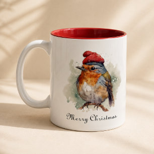 Tasse 2 Couleurs Motif Aquarelle Rouge De Robin D'Hiver