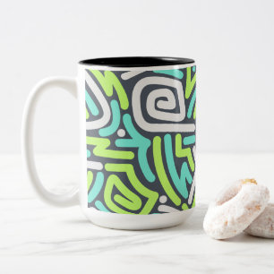 Tasse 2 Couleurs Motif de labyrinthe ondulé néon vert et cyan