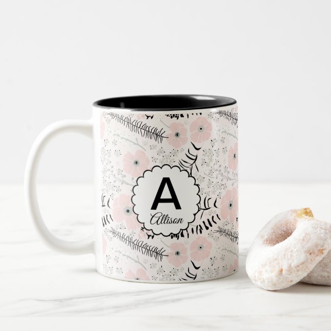 Tasse 2 Couleurs Motif floral rose monogramme (Avec donut)