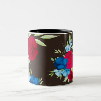 Tasse 2 Couleurs Motif floral rouge bleu élégant sur fond brun fonc