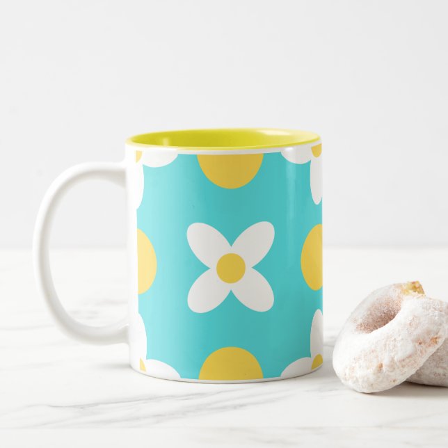 Tasse 2 Couleurs Motif floral Turquoise Bleu Rétro (Avec donut)