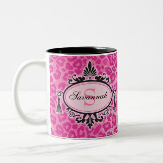 Tasse 2 Couleurs Motif léopard rose chaud Nom et monogramme personn