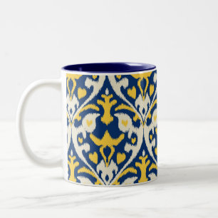 Tasse 2 Couleurs Motif tribal d'ikat bleu jaune de couleur chamois