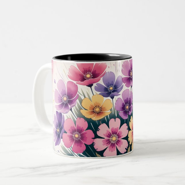 Tasse 2 Couleurs "Mug de café floral - Coupe de fleurs botaniques (Devant gauche)