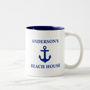 Tasse 2 Couleurs Nautique Nom de famille Beach House Ancre Bleu