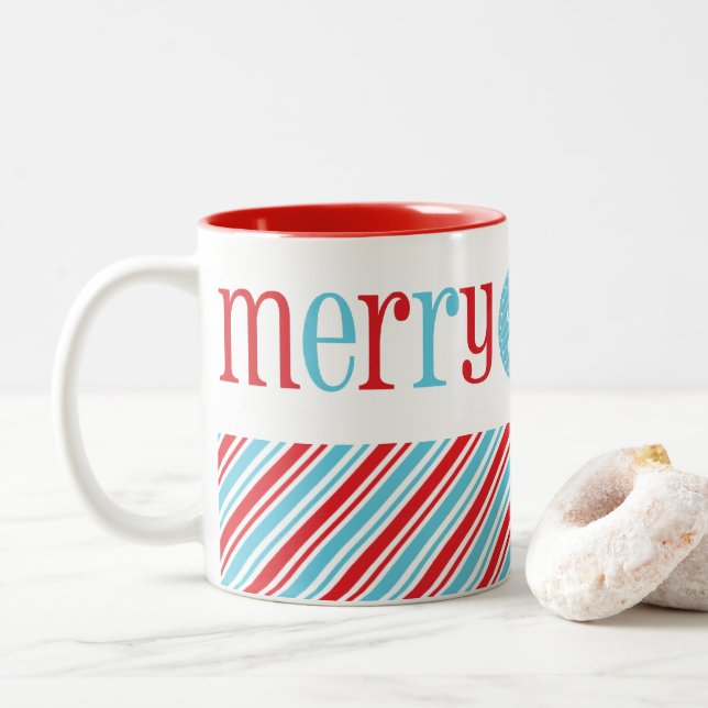 Tasse 2 Couleurs NOËL MERRY & BRILLANT mignon rose rouge moderne (Avec donut)