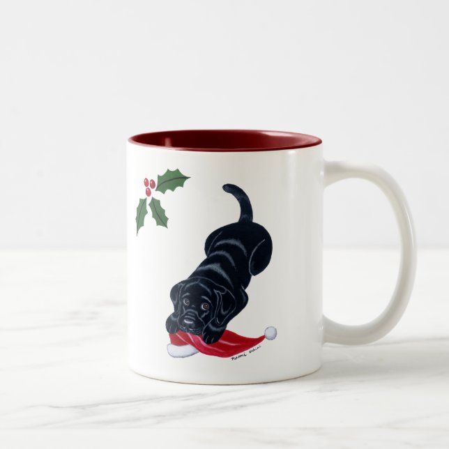 Tasse 2 Couleurs Noël noir de chiot de Labrador et de casquette de (Droit)
