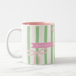 Tasse 2 Couleurs Nœud à rayure verte Coquette Féminin Personnalisé