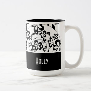 Tasse 2 Couleurs Noir & Blanc Moderne Personnalisé, Anneaux & Fleur