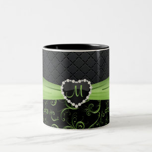 Tasse 2 Couleurs Noir élégant et monogramme floral vert de Perido