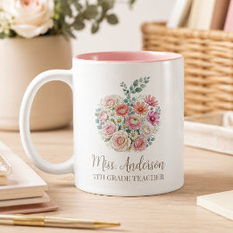 Tasse 2 Couleurs Nom d'enseignant personnalisé et pomme florale de