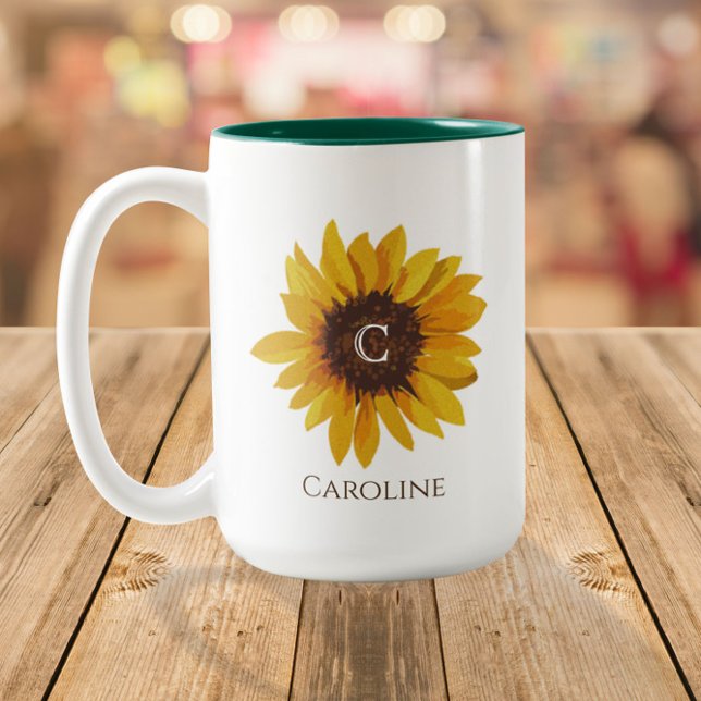 Tasse 2 Couleurs Nom du monogramme de tournesol d'aquarelle (Créateur téléchargé)