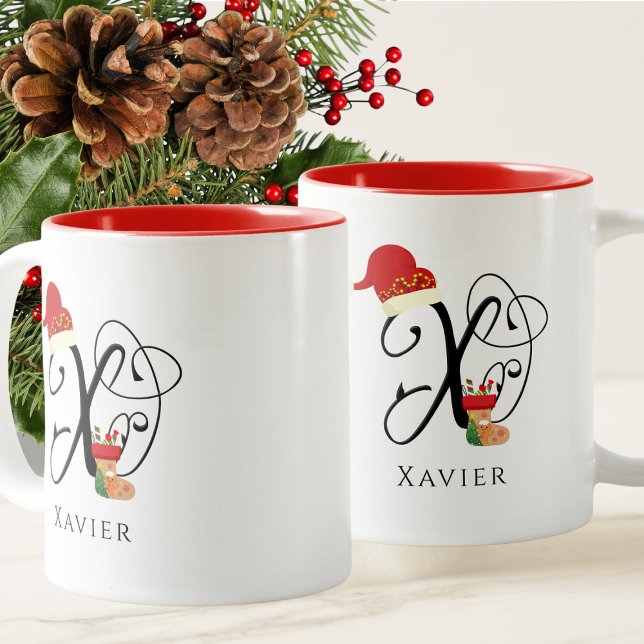 Tasse 2 Couleurs Nom initial X Élégant Moderne Écriture Noël (Créateur téléchargé)