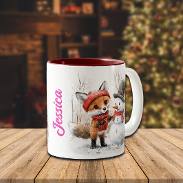 Tasse 2 Couleurs Nom personnalisé Baby Fox et Snowman