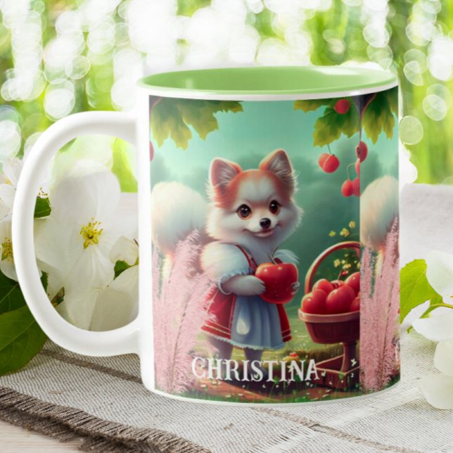 Tasse 2 Couleurs Nom personnalisé du chien mignon avec pommes (Créateur téléchargé)