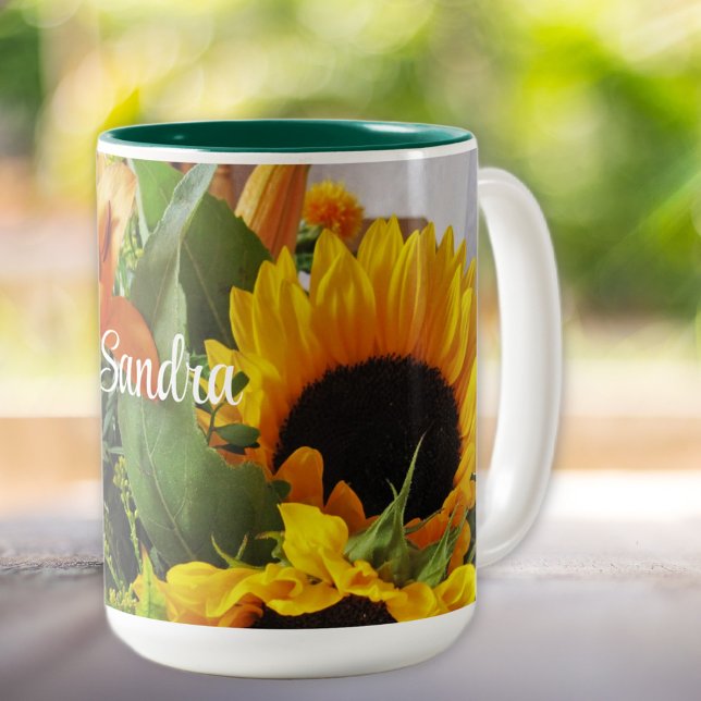 Tasse 2 Couleurs Nom sur Beau Tournesols d'automne 15oz (Créateur téléchargé)