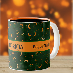 Tasse 2 Couleurs Nom sur Halloween Bokeh Moons & Stars 11oz