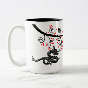Tasse 2 Couleurs Nouvel An chinois du Dragon et des fleurs rouges