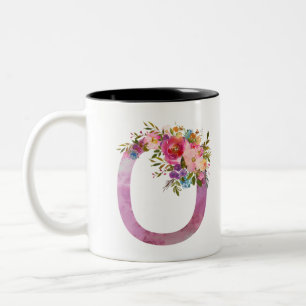 Tasse 2 Couleurs O, Floral Monogramme initial, fleurs d'aquarelle