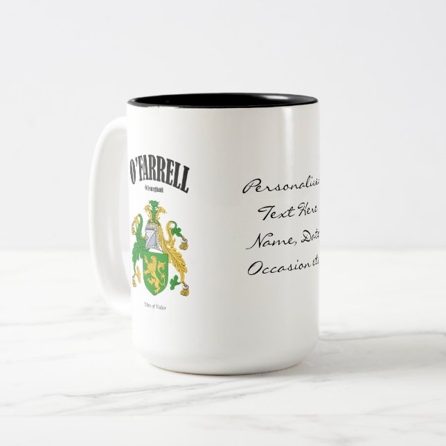 Tasse 2 Couleurs O'Farrell Family Crest, Traduction & Signification (Devant gauche)